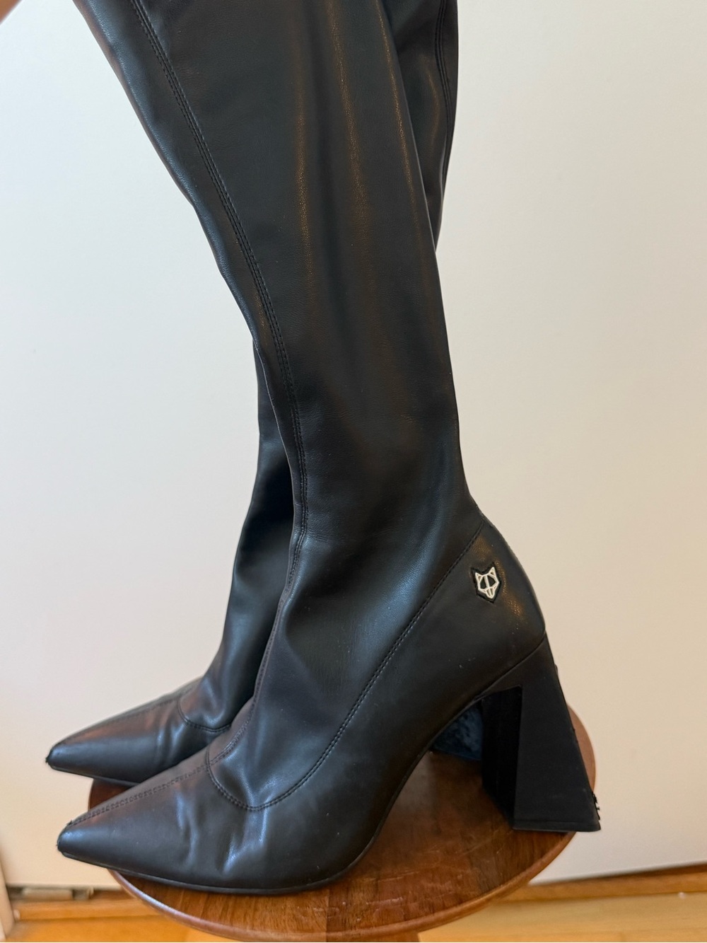 Naked Wolfe Black skin tight under Knee Pointed Toe Block Heel Boots